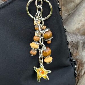 (23) Star Swirl Handmade Bag Charm Keychain One of a Kind Wood Beaded Accessory